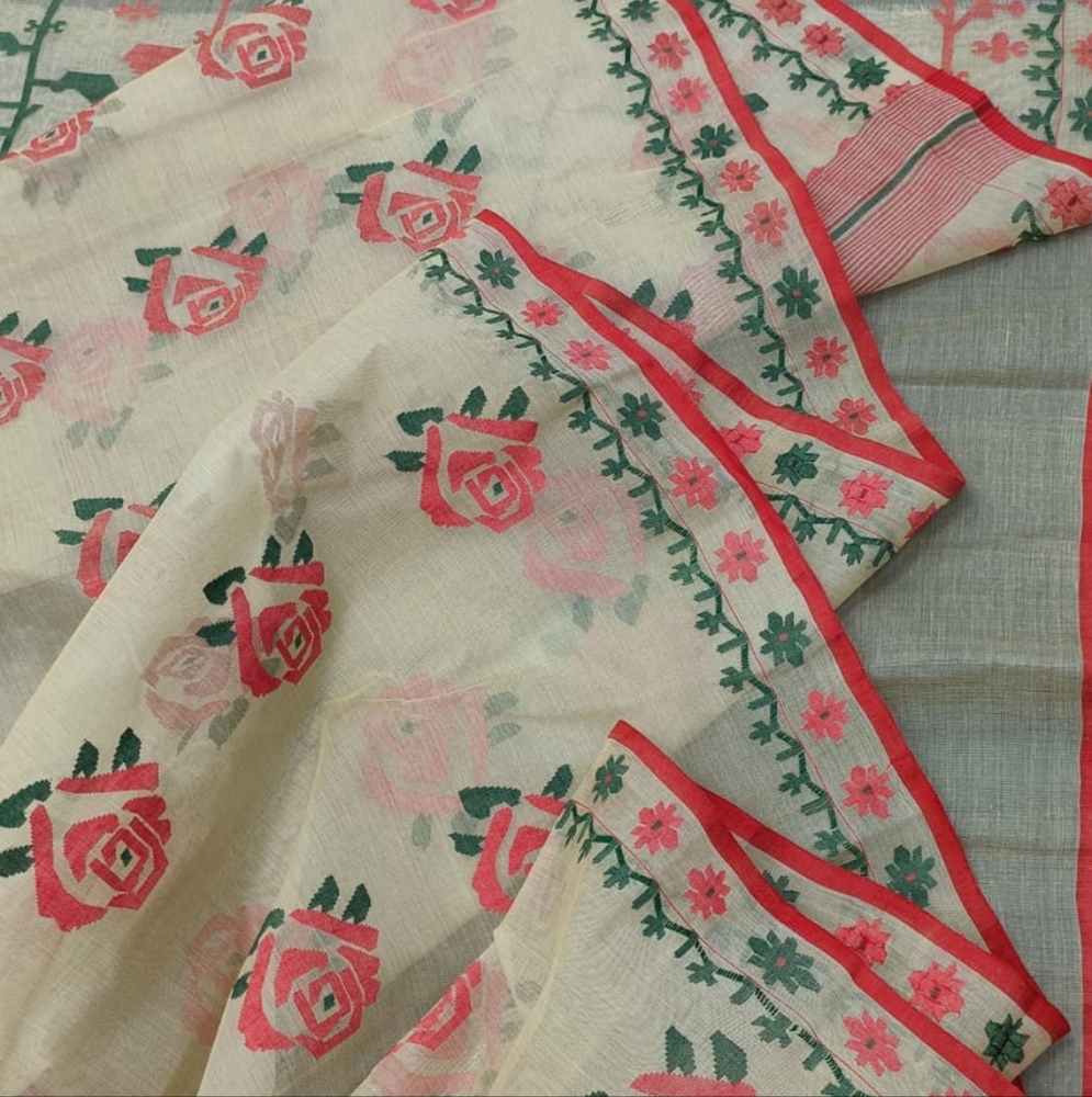 Original Dhakai Jamdani Pure Cotton Saree, 84 Count, Bangladeshi Saree